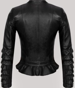 Resim Hakiki Deri Siyah Fırfırlı Fermuarlı Kadın Deri Ceket Siyah 