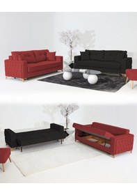 Resim Nola Koltuk Takımı 3+3 & Bazalı Yataklı Koltuk & Kanepe - Keten Siyah-bordo 