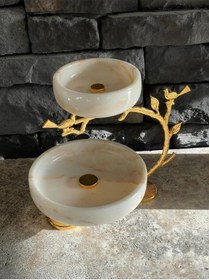 Resim Mermer Dekoratif Gold Aksesuarlı Etajer 2 Katlı İkramlık / Sunum Beyaz 