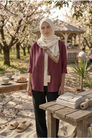 Resim miremiran Tesettür yakası kapanır Doğal Keten Kumaş salaş Kalıp Rahat Kesim gömlek BORDO 
