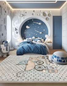 Resim Çocuk Odası Halısı Araba Top Ayıcık Desenli Mavi Dijital Baskı Kaymaz Makinede Yıkanabilir Oyun Halı 