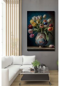 Resim Büyülü Vazo Lale Yağlıboya Görünümlü Dekoratif Ahşap Ev,Antre,Salon,Ofis,Mutfak,Yatak Odası Tablo 47505694 - 60 X 90 