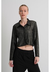 Resim Alexandergardı Desenli Uzun Kollu Dokulu Crop Gömlek Sarı - Siyah 