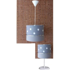 Resim Onay Avize Gri Yıldızlı Gri 2.li Set M-748 Kumaş Kaplama Genç ve Çocuk Odası Avize ve Abajur Takımı 