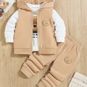 Resim 3 Parça Erkek Çocuk Ayı Nakışlı Kapüşonlu Yelek, Ayı Baskılı Sweatshirt ve Pantolon Takımı - İlkbahar/Sonbahar İçin Dış Mekan Kıyafeti, Hediye Fikri 