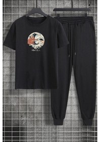 Resim Unisex Kanagawa Oki Nami Ura Baskılı 2'li Eşofman Takımı Siyah 