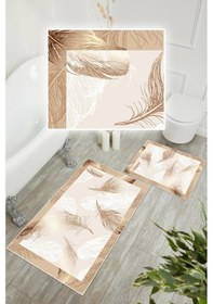 Resim Dijital Baskı Tüy Desen Kaymaz Taban 2li Set Banyo Paspası Klozet Takımı 50x60cm-60x100cm Krem 