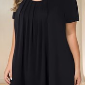Resim Büyük Beden Düğme Detaylı Pilili Düz Renk T-shirt, Bahar ve Yaz İçin Rahat Kısa Kollu Yuvarlak Yaka Üst, Kadınların Büyük Beden Giyim 