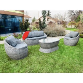 Resim Monalin Home Garden Dubaı 5 Kişilik Ekstra Lüks Rattan El Örgü Oturma Grubu Minderli & Camlı & Masalı Oturma Grubu Gri 