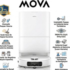 Resim Mova Premium Ultra Robot Süpürge ve Paspas: 19.000PA Ultra Güçlü Emiş, Maxireach Kenar Temizleme, Sıcak Hava ile Mop Kurutma, Otomatik Toz Boşaltma ve Kirli/temiz Su Istasyonu, Lazer Navigasyon, 3 Yıl 