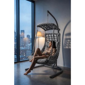 Resim Bürosaray Tek Kişilik Gölgelikli Rattan Görünümlü Bahçe Balkon Salıncağı Minderli Geniş Oturumlu Teras Veranda Dış Mekan Salıncak 