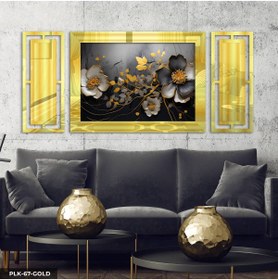Resim Evinemoda Çiçekler 3 Parça Gold Pleksi Aynalı Yan Dekorlu Tablo 