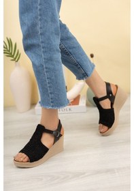 Resim Gimer - Dolgu Topuk Örgülü Direkli Kadın Sandalet - Ifs6101G Siyah 