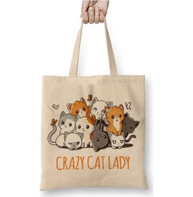 Resim Toyaso Crazy Cat Lady Kedi Beyaz Bez Çanta Uzun Saplı Alışveriş Çantası Plaj Çantası Beyaz 