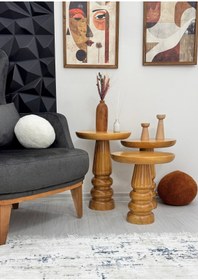 Resim AYLESA Doğal Ahşap 3’lü Set Mantar Yan Sehpa Modern Meşe Renk Fiskos Zigon Çiçeklik 