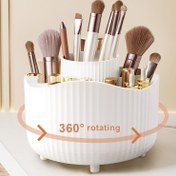 Resim Lüks Çizgili Tasarım 360° Dönen Makyaj Organizatörü - Yuvarlak Plastik Kozmetik Depolama 5 Bölme, Gerilim Montajı, Cilalı Kaplama, Çok Fonksiyonlu Masa Caddy Fırçalar ve Kırtasiye için, 1'li 6'lı Renk Seçeneği, Makyaj Fırça Tutucu, Şık Tasarım, Dayanıklı Yapı 