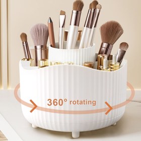 Resim Lüks Çizgili Tasarım 360° Dönen Makyaj Organizatörü - Yuvarlak Plastik Kozmetik Depolama 5 Bölme, Gerilim Montajı, Cilalı Kaplama, Çok Fonksiyonlu Masa Caddy Fırçalar ve Kırtasiye için, 1'li 6'lı Renk Seçeneği, Makyaj Fırça Tutucu, Şık Tasarım, Dayanıklı Yapı 