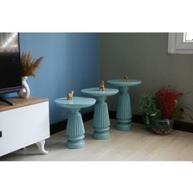 Resim ^3'lü Mantar Sehpa Seti Oval Turkuaz Renk Çizgili Yan Sehpa Turkuaz 