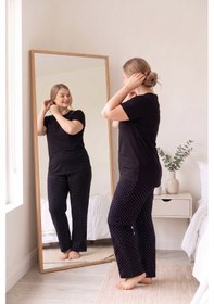 Resim Guava Kadın Düğmesiz Bisiklet Yaka Viskon Kısa Kollu Pijama Takımı Basen Kapatır Tunik Boy Siyah 