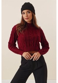 Resim Yarım Balıkçı Yaka Saç Örgülü Kısa Crop Bordo Kazak Bordo 