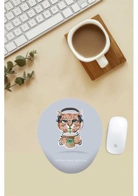Resim Kahve Sever Kedi Desenli Bilek Destekli Mouse Pad Mousepad 