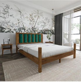 Resim Orion Model Zümrüt Yeşili Puflu Başlıklı Ceviz Renk Çam Ahşap Karyola-76 140 x 200 