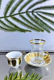 Resim 18 Parça Çay Ve Mırra Takımı - Cam Bardaklı Porselen Tabaklı Komple Set Şeffaf 