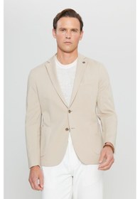 Resim AC&Co / Altınyıldız Classics Erkek Bej Pamuklu Slim Fit Dar Kesim Armürlü Esnek Torba Cepli Blazer Ceket Bej 