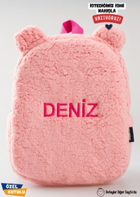 Resim [İSTEDİĞİNİZ İSMİ NAKIŞLA YAZIYORUZ] - Peluş Pembe 0-8 Yaş - Kreş, Anaokulu Çocuk Sırt Çantası 