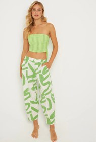 Resim Cool & Sexy Kadın Ekru-Yeşil Desenli Keten Şalvar Pantolon K1253 
