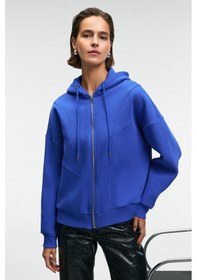 Resim Grimelange VYSELLE Kadın Önü Kesikli Metal Fermuarlı Kapüşonlu Etiket Detaylı Oversize Mavi Sweatshirt 