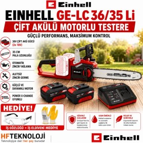 Resim Einhell 2X4AMPER Akülü 36/35 Li 36V Kömürsüz Ağaç Kesme Makinesi + Iş Gözlüğü ve Iş Eldiveni Hediye 