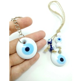 Resim Ennea Art Beyaz Nazar Boncuğu Araba Dikiz Ayna Süsü + Anahtarlık Ikili Set El Yapımı Cam Hediyelik Eşya 