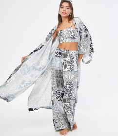 Resim Kimono 3 Parça Büstiyerli Siyah Desenli Renk Alt-Üst Takım (Medine İpeği) - SİYAH DESENLİ / S 