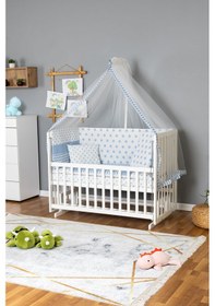 Resim Ahşap Beşik Anne Yanı Beşik Beyaz 70x130 - Mavi Yıldız 1 Yastıklı Uyku Seti + Yataklı Beyaz 