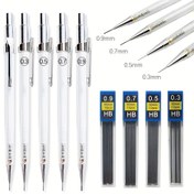 Resim 7 adet / takım Şeffaf Mekanik Kalem 0.3 / 0.5 / 0.7 / 0.9mm Değiştirilebilir Kurşun Sanat Boyama Kroki Kalem Yazma Malzemeleri Kırtasiye (2 kalem + 4 kutu kurşun + 1 silgi) 