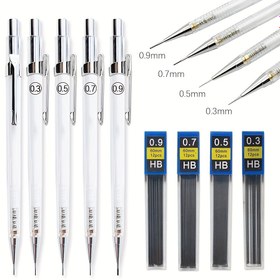 Resim 7 adet / takım Şeffaf Mekanik Kalem 0.3 / 0.5 / 0.7 / 0.9mm Değiştirilebilir Kurşun Sanat Boyama Kroki Kalem Yazma Malzemeleri Kırtasiye (2 kalem + 4 kutu kurşun + 1 silgi) 