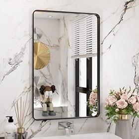 Resim WEER Duvar için Siyah Banyo Aynası 50 x 70 cm, Dikdörtgen Mat Siyah Metal Çerçeveli Makyaj Aynası, Temperli Camlı Çiftlik Evi Banyo Aynası, Yuvarlak Köşe, Pas Önleyici (Yatay/Dikey) 