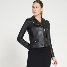 Resim Amelia Siyah Kadın Biker Deri Ceket 