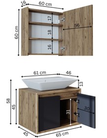 Resim ROOMART Tm7.2 Lavabolu Ahşap-antrasit Mdf 65 Cm Banyo Dolabı + Aynalı Banyo Üst Dolabı 