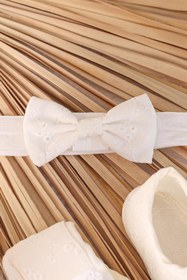 Resim kidello Ekru Çiçek Süslemeli Kız Bebek Patik Bandana Seti 