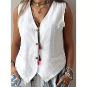 Resim Kadınlar İçin Orta Doğu Tarzı V Yaka Kolsuz Hırka - Ön Düğme Tasarımı, Gevşek Yarı Şeffaf Stil, Makinede Yıkanabilir Düz Renk Katmanlı Dekorasyon, Her Mevsim Modası, Zarif Dokulu Trend Kapama 