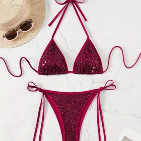 Resim Kadınlar İçin Seksi Payet Detaylı ve Sırt Bağlamalı Bikini Takımı 