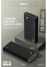 Resim Jopus 20000mah Powerbank Pd 22.5w Hızlı Şarj - Dijital Ekranlı - Taşınabilir Şarj Cihazı Siyah 