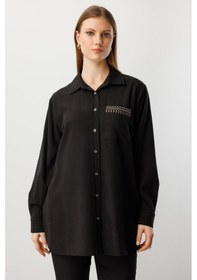 Resim Ekol Kadın Büyük Beden Cebi Taş İşlemeli Gömlek 3561 Siyah Siyah 