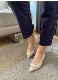 Resim Kadın Krem Deri Tokalı Stiletto Alcak Ökçe Abiye Ayakkabı Krem 