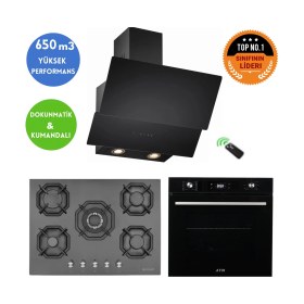 Resim Eminçelik ve Afm Tech Marka Five 5 Gözlü 1'wok Siyah Ankastre Set (22 385 +FM7700 +Ch 1454 Rc B60) 