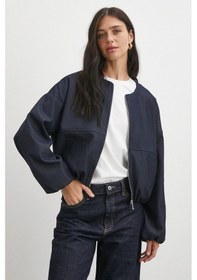 Resim Beli Lastikli Fermuarlı Denim Görünümlü Bomber Ceket Lacivert Lacivert 