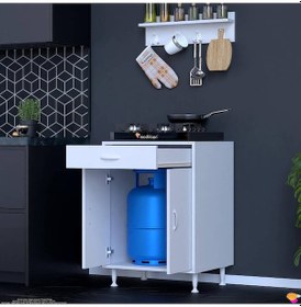 Resim Doqu M Set Ocak Altı Dolap 65x88x48 Cm, Çekmeceli,kapaklı,tüp Bölmeli Ve Baharat Raflı Beyaz Dolap Beyaz 