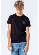 Resim Dj Kedi Gözlük Kulaklık Göğüs Baskılı Unisex Çocuk Siyah T-Shirt 